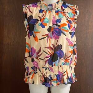 J. Crew Floral Print Purple Orange Smocked Ruffle Sleeveless Peplum Top Size 10